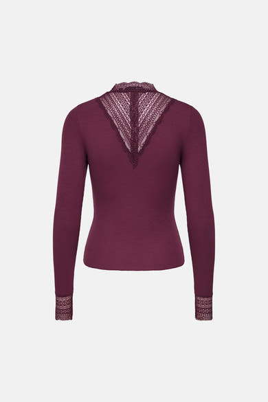 Deep fig long-sleeve top with lace V-back and cuff details, back view