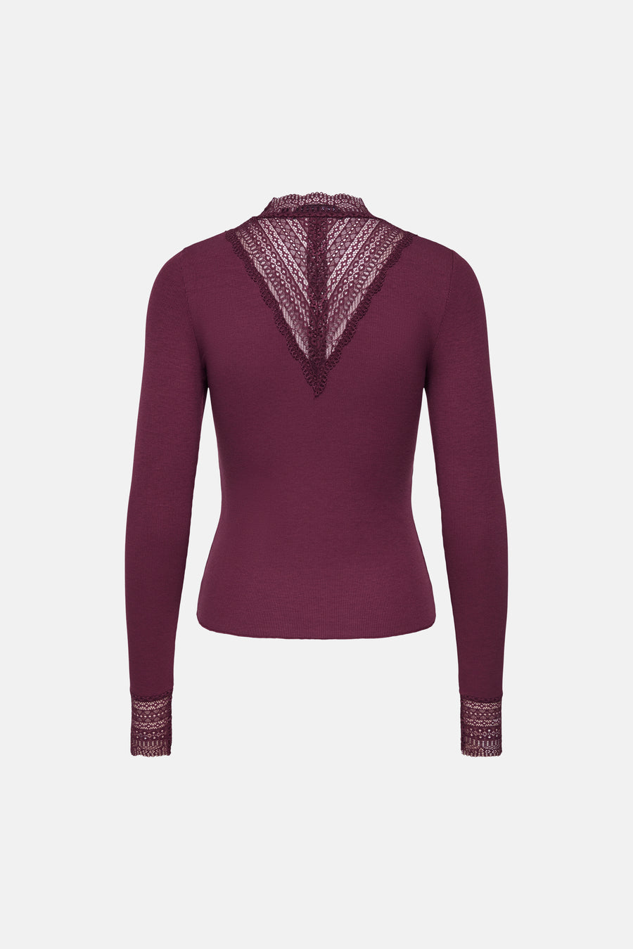 Deep fig long-sleeve top with lace V-back and cuff details, back view