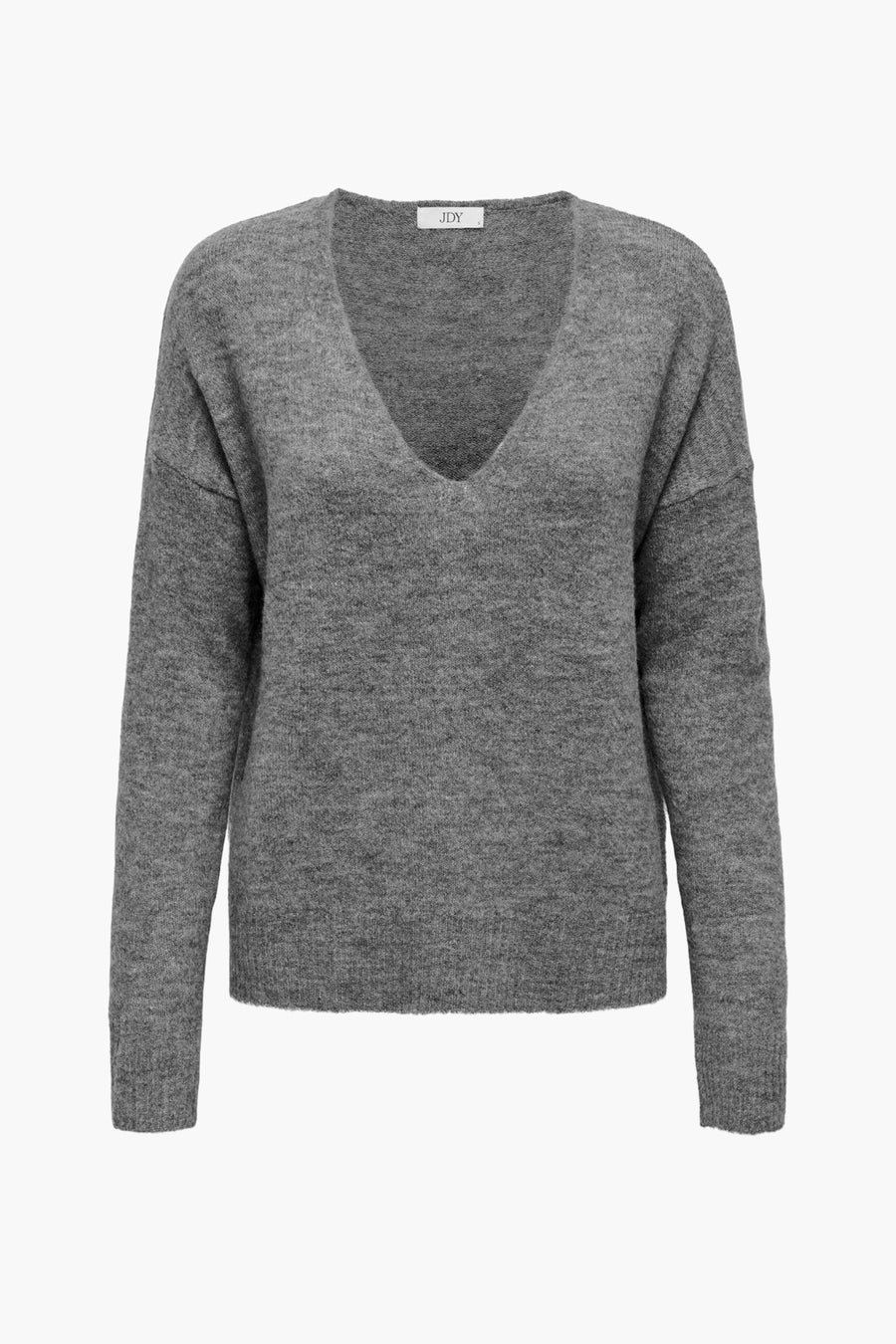 Pull gris à col V de JDY, en maille duveteuse.
