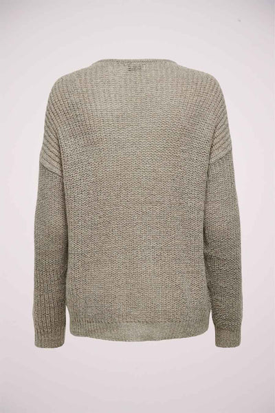 Pull brun à col V de JDY, en tricot texturé, vue de dos.
