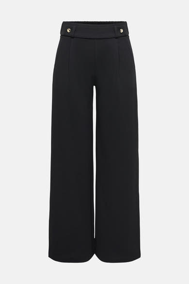 Black wide-leg elastic waist trousers with front pleats and gold-tone buttons, front view