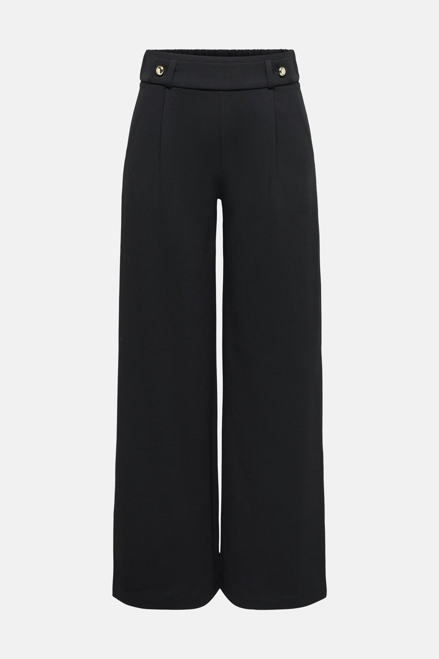 Black wide-leg elastic waist trousers with front pleats and gold-tone buttons, front view