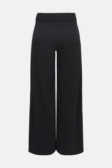 Black wide-leg pants with elastic waistband, front view, smooth fabric, relaxed fit