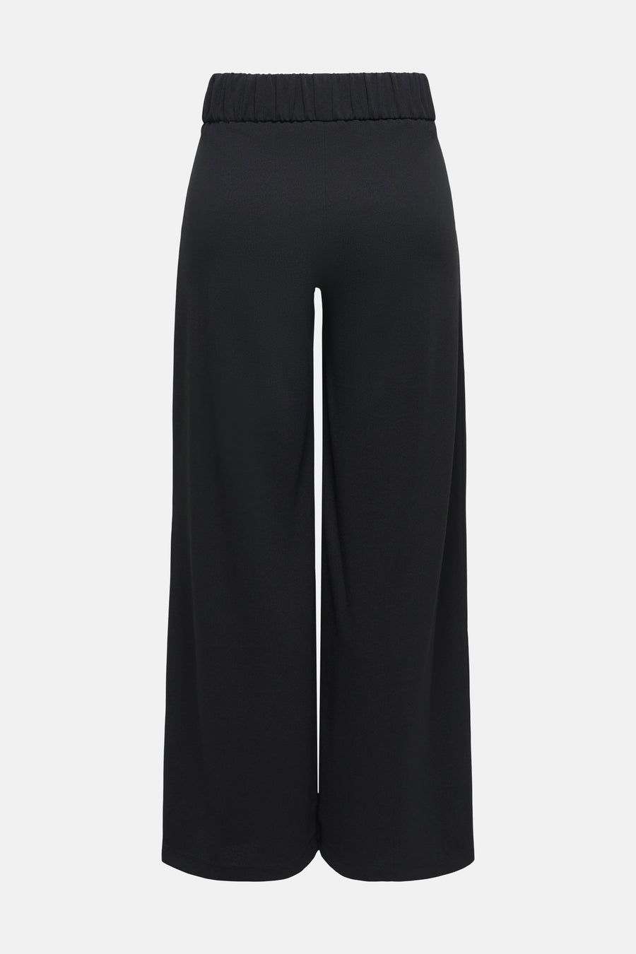 Black wide-leg pants with elastic waistband, front view, smooth fabric, relaxed fit