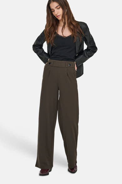 Bruine pantalon de costume van JDY, wijde pasvorm met hoge taille, met twee decoratieve knopen op de tailleband.