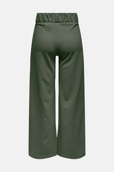 Pantalon de costume kaki de JDY, vue de dos avec taille élastiquée et jambes larges raccourcies.