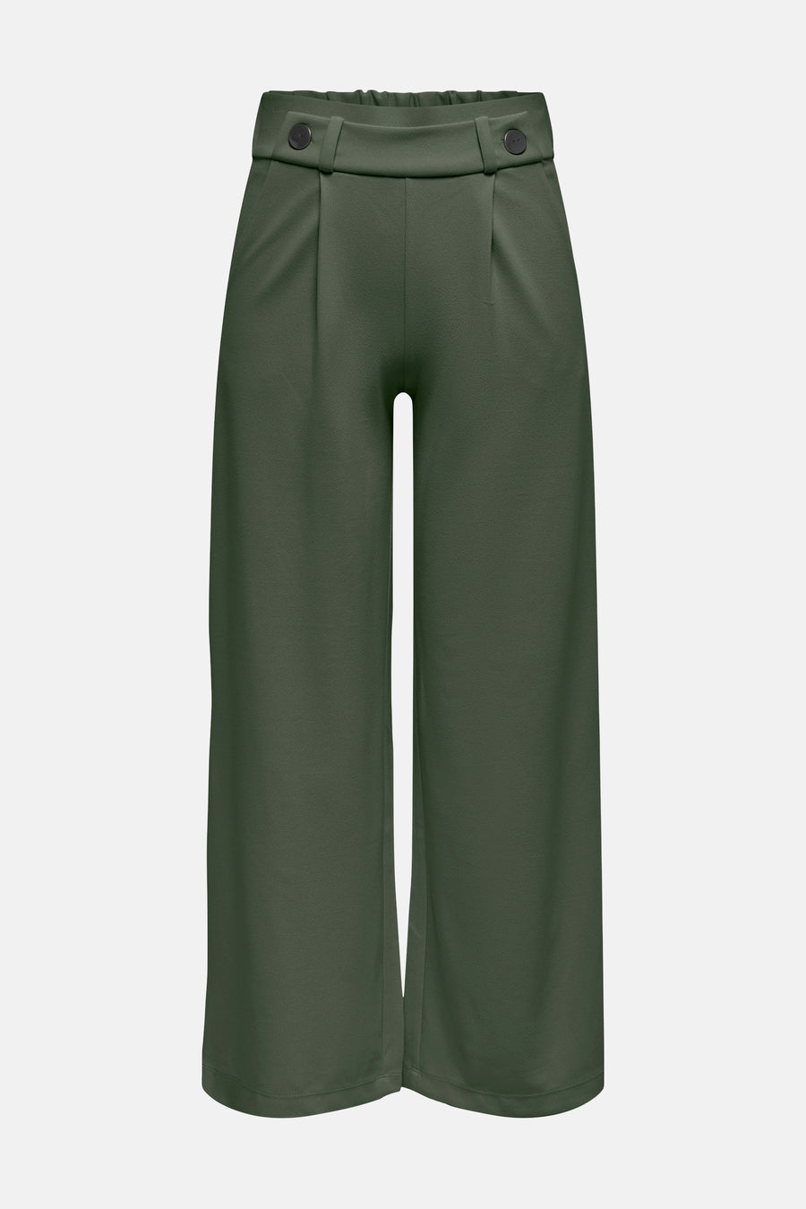 Pantalon de costume kaki de JDY, coupe ample et longueur 3/4, avec boutons décoratifs à la taille.
