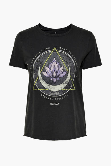 T-shirt noir à manches courtes de ONLY, avec motif lotus, triangle et texte ésotérique imprimé.
