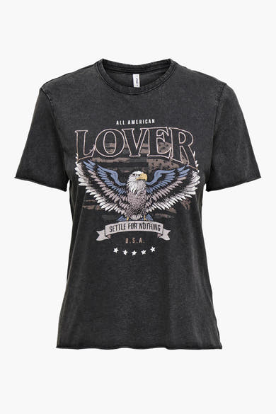 Zwart T-shirt met korte mouwen van ONLY, met een Amerikaanse adelaarprint en vintage letters.