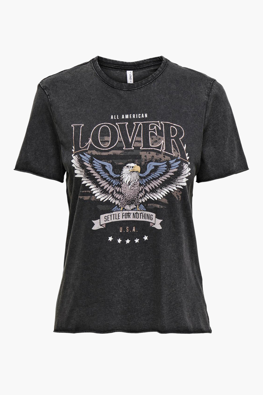 Zwart T-shirt met korte mouwen van ONLY, met een Amerikaanse adelaarprint en vintage letters.