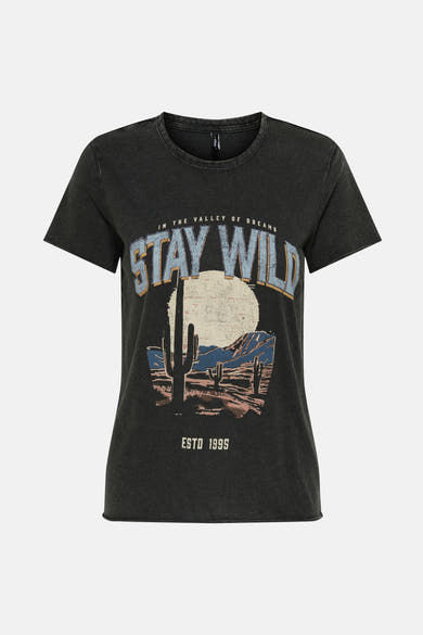 Zwart T-shirt met korte mouwen van ONLY, met een grafische woestijndruk en de tekst "Stay Wild".