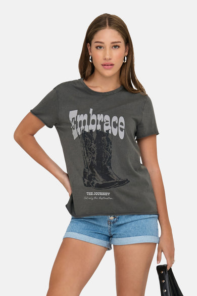 Grijs T-shirt met korte mouwen van ONLY, met grafische print van een cowboylaars.