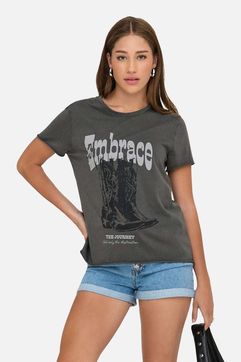 Grijs T-shirt met korte mouwen van ONLY, met grafische print van een cowboylaars.