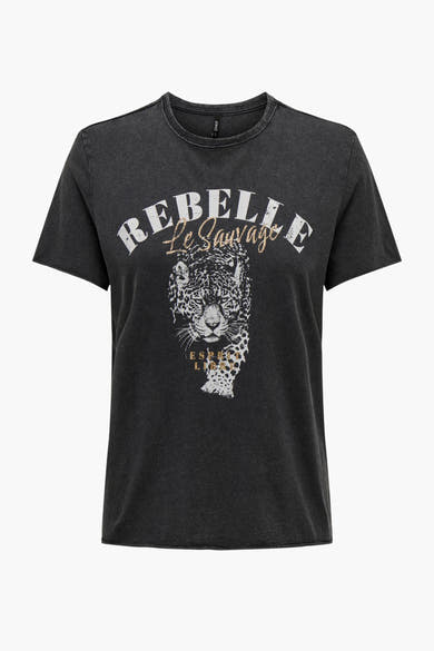 Zwart T-shirt met korte mouwen van ONLY, met luipaardprint en decoratieve tekst.