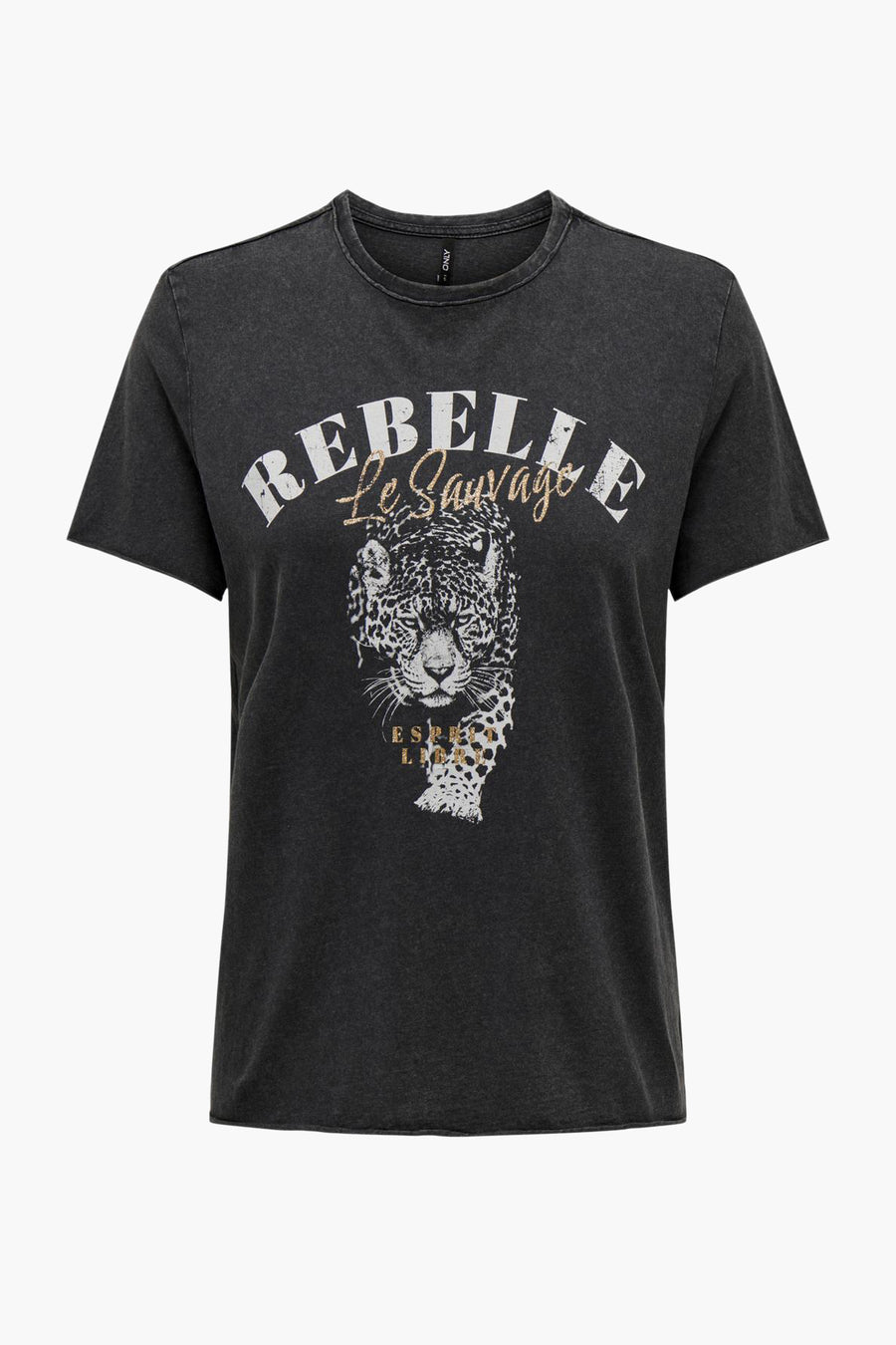 Zwart T-shirt met korte mouwen van ONLY, met luipaardprint en decoratieve tekst.