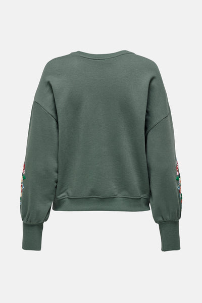 Sweat-shirt vert par ONLY® avec des broderies florales sur les manches, vue de dos.
