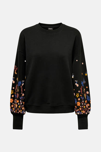 Sweat noir de ONLY avec manches bouffantes brodées de motifs floraux colorés.

