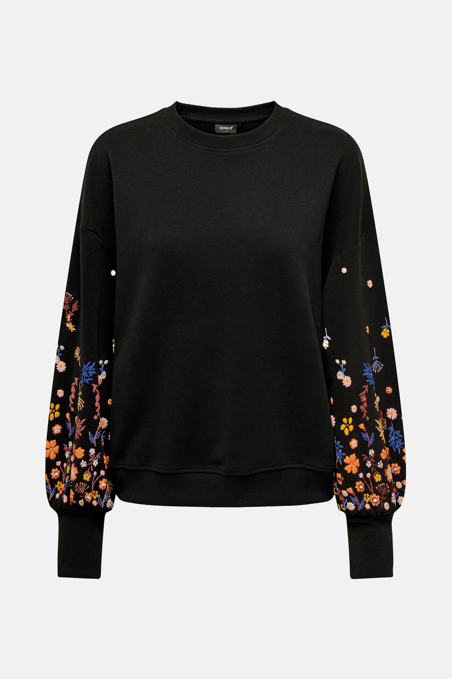 Sweat noir de ONLY avec manches bouffantes brodées de motifs floraux colorés.
