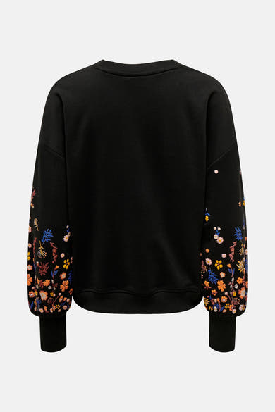 Sweat noir by ONLY® avec manches longues décorées de motifs floraux colorés, vue de dos.