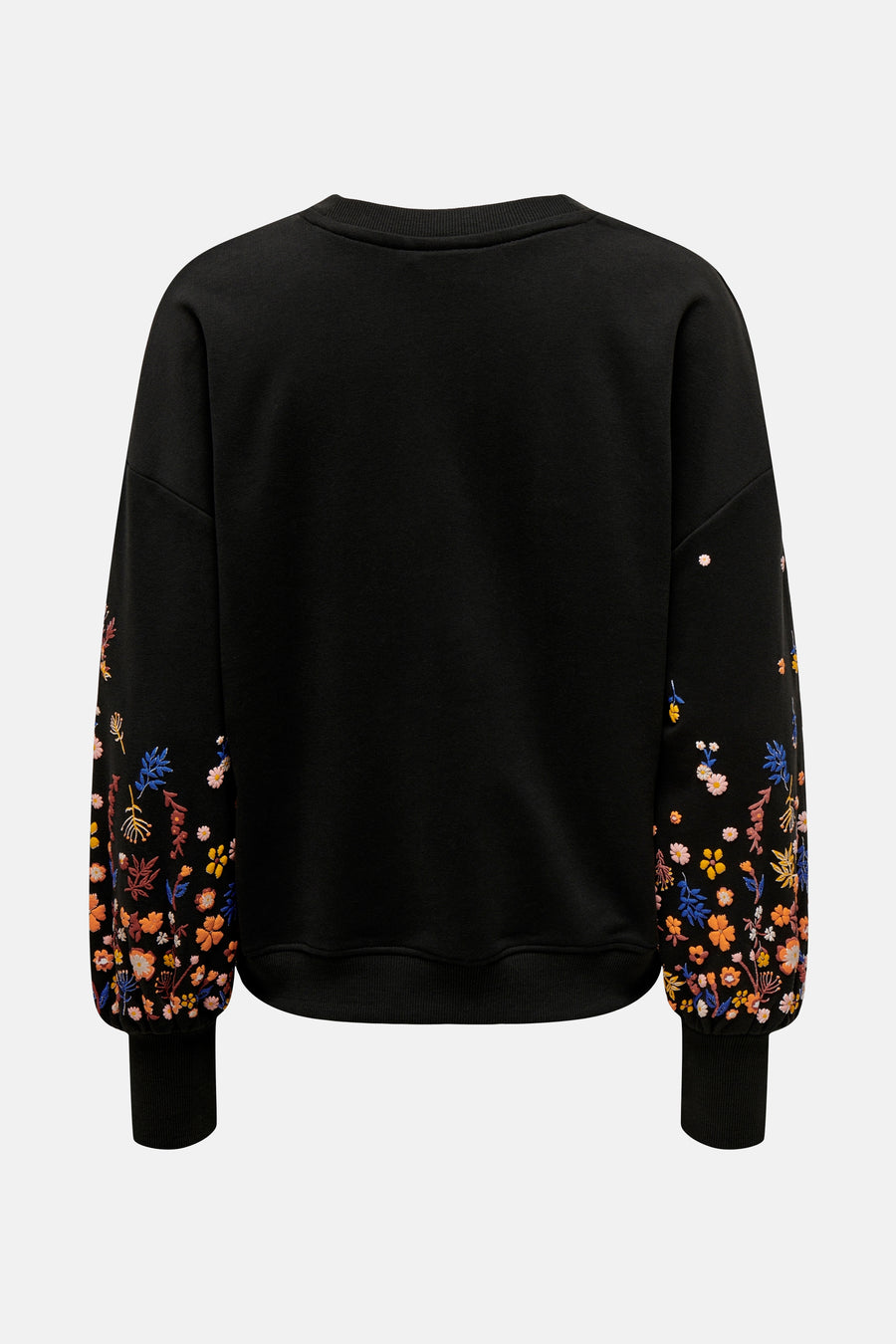 Sweat noir by ONLY® avec manches longues décorées de motifs floraux colorés, vue de dos.