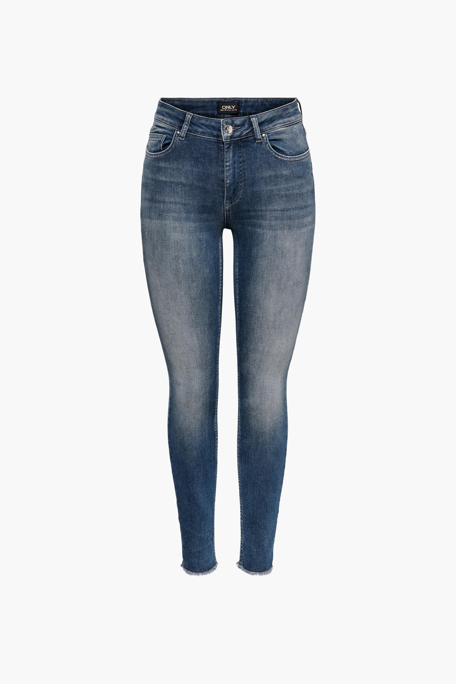 Donkerblauwe skinny jeans van ONLY met wassing en rafelzoom.