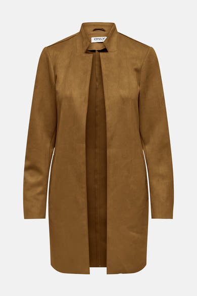 Veste longue cognac de ONLY, avec un col montant et une texture en suédine.