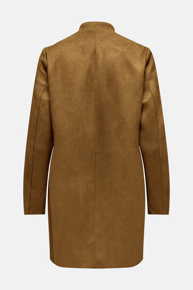 Veste longue cognac de ONLY, avec une texture suédée et une coupe droite.