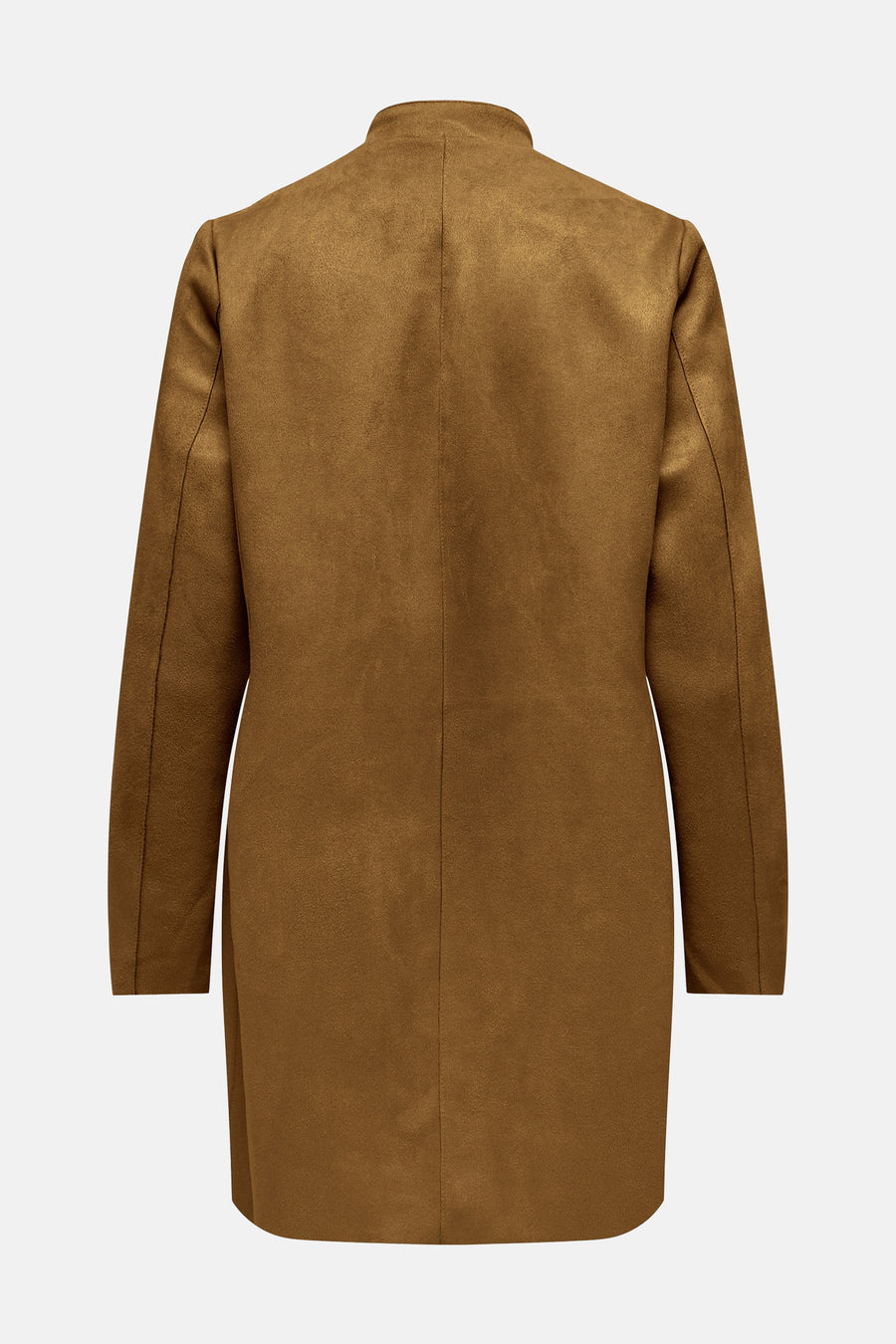 Veste longue cognac de ONLY, avec une texture suédée et une coupe droite.