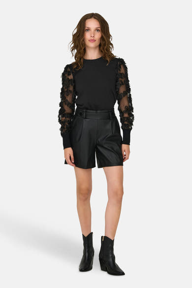 Sweat noir à col rond de JDY avec manches longues en tulle décorées de motifs floraux.