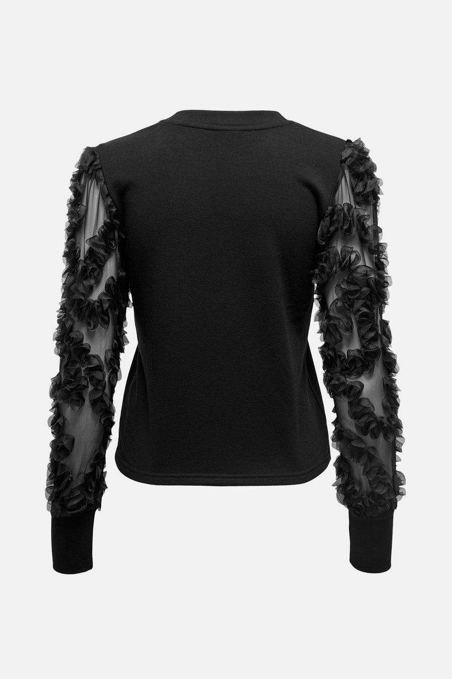 Sweat noir de JDY avec manches longues en tulle à volants, vue de dos.
