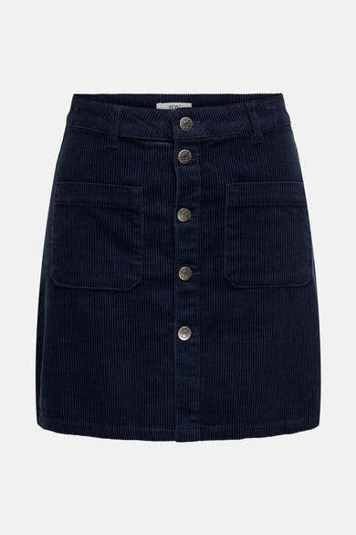 Korte geribde corduroy rok in het blauw van JDY met opgestikte zakken en knoopsluiting aan de voorkant.