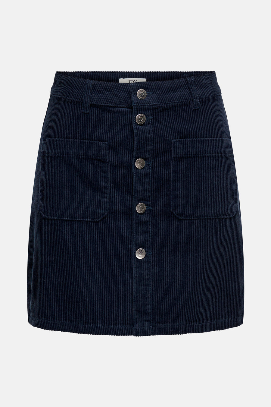 Korte geribde corduroy rok in het blauw van JDY met opgestikte zakken en knoopsluiting aan de voorkant.