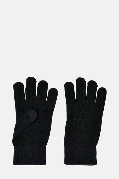 Zwarte handschoenen van ONLY, van fijne gebreide stof met touchscreen-vingertoppen op de wijsvinger, plat gepresenteerd.