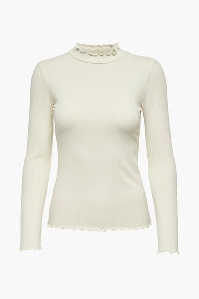 Top beige à manches longues de JDY, avec texture côtelée et détail volanté au col.
