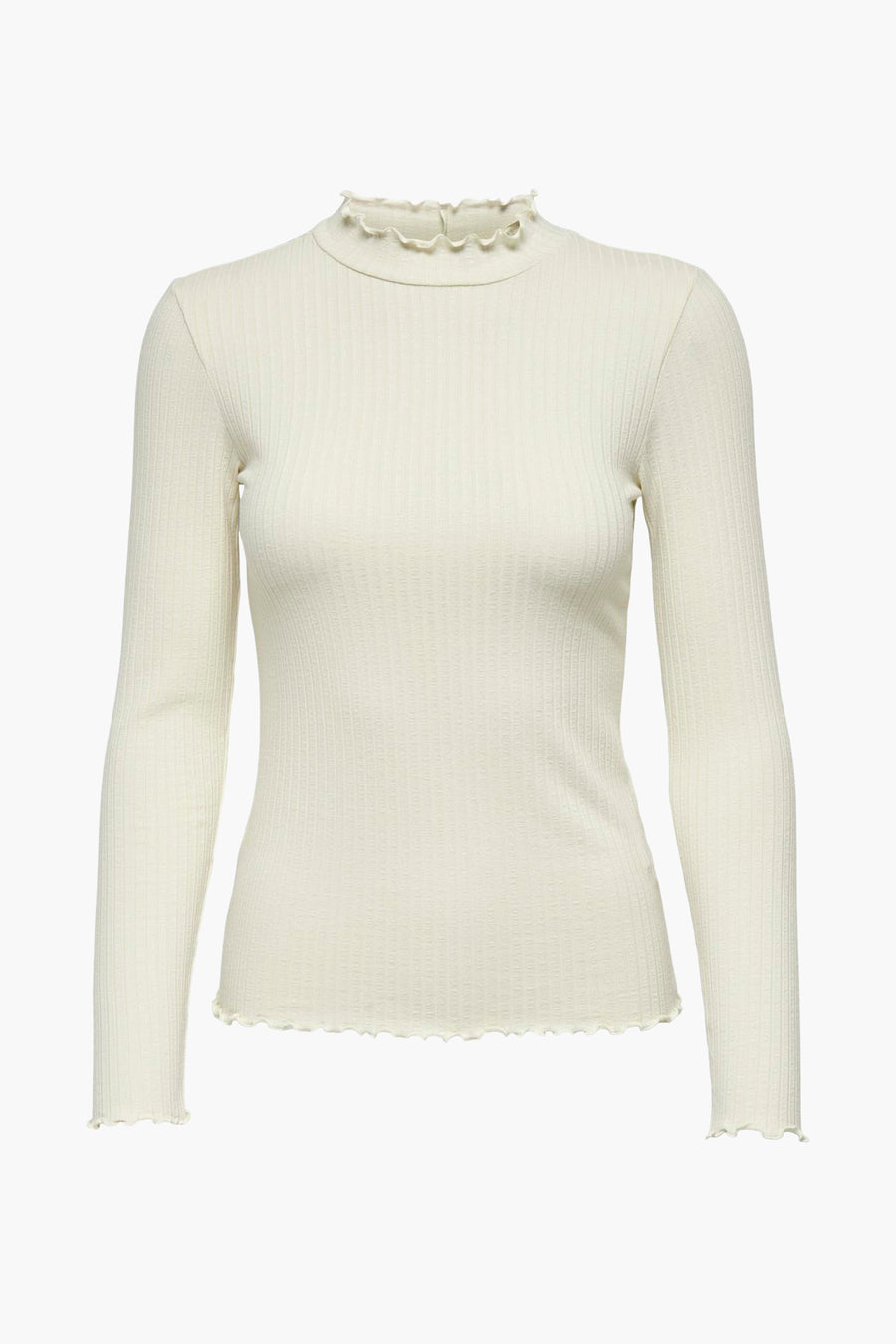 Top beige à manches longues de JDY, avec texture côtelée et détail volanté au col.
