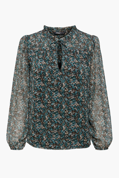 Green floral long-sleeve blouse by ONLY with tie neckline and sheer fabric, front view