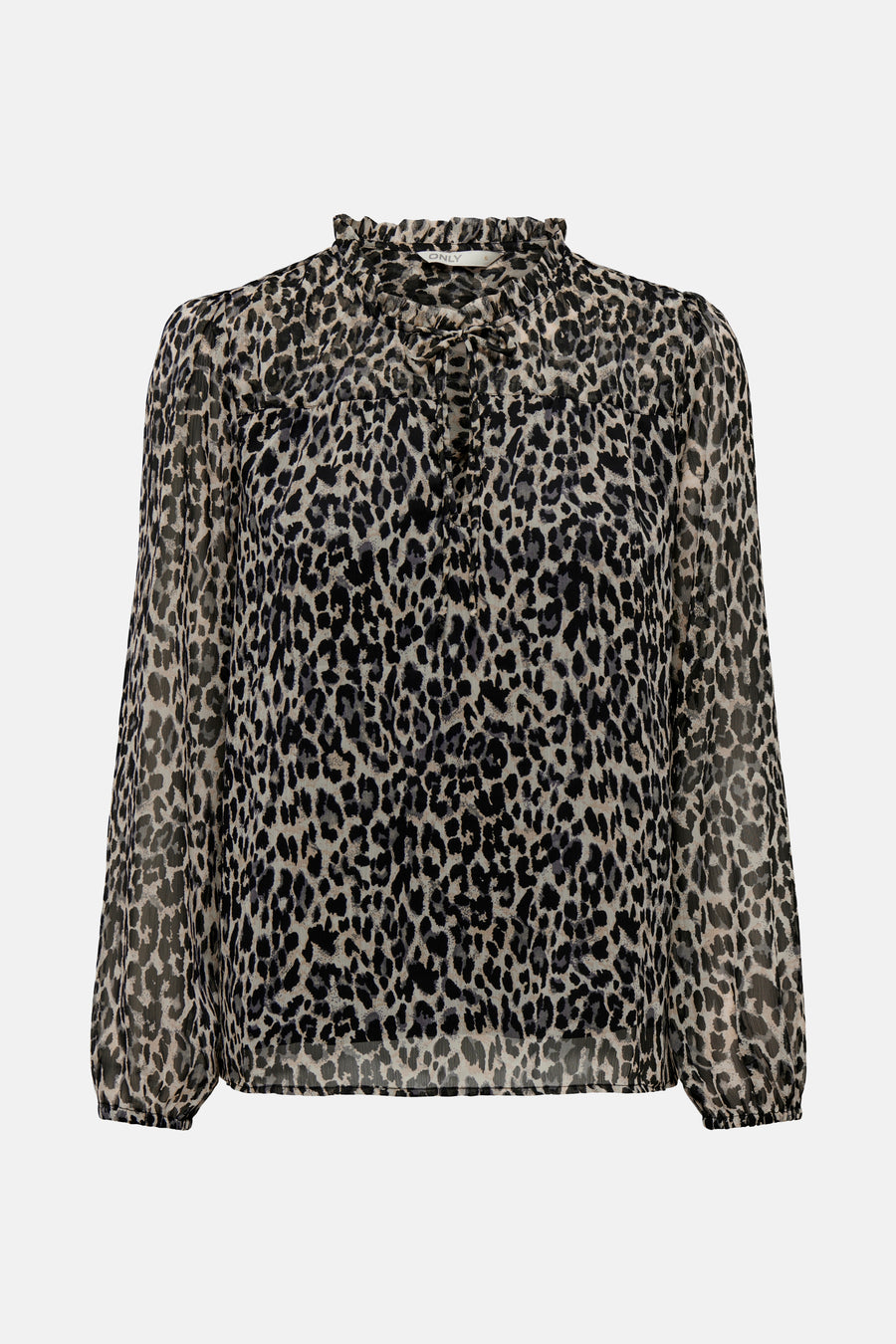 Chemisier à manches longues noir par ONLY, avec imprimé léopard et col montant à volants.