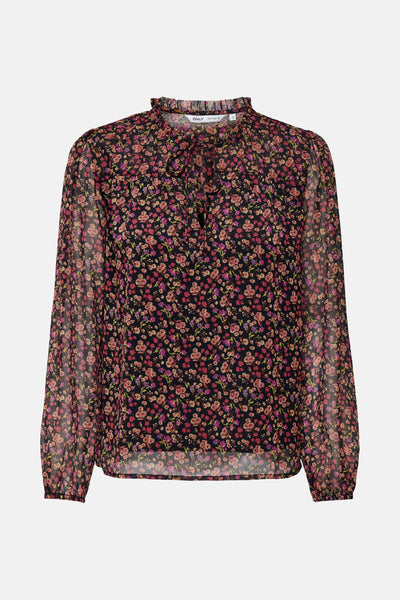 Blouse fleurie à manches longues, multicolore par ONLY, avec un col montant froncé et des liens à nouer.