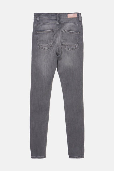 Lichtgrijze skinny jeans van ONLY, achterkant, met opgestikte zakken en roze label in de taille