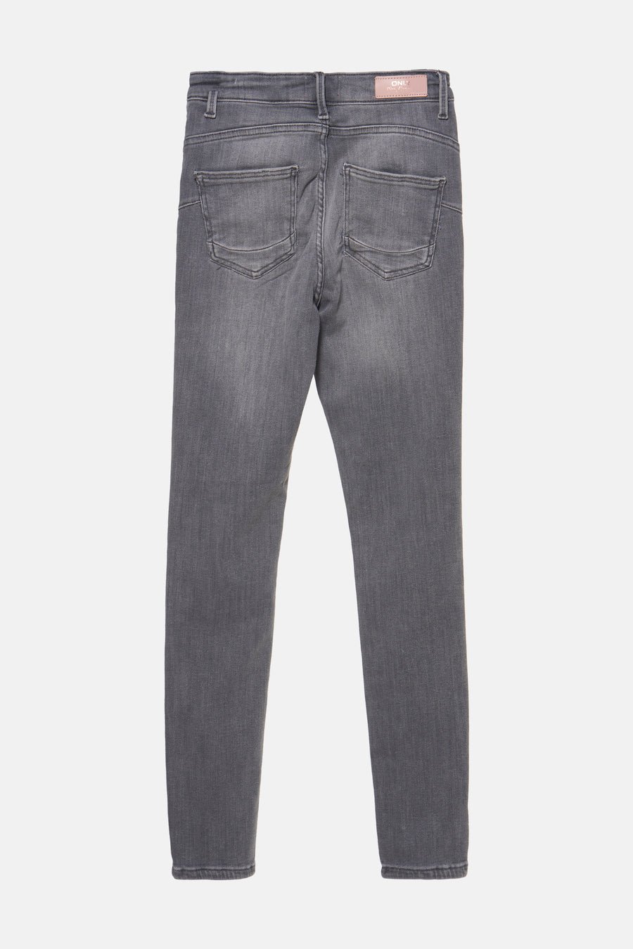 Lichtgrijze skinny jeans van ONLY, achterkant, met opgestikte zakken en roze label in de taille