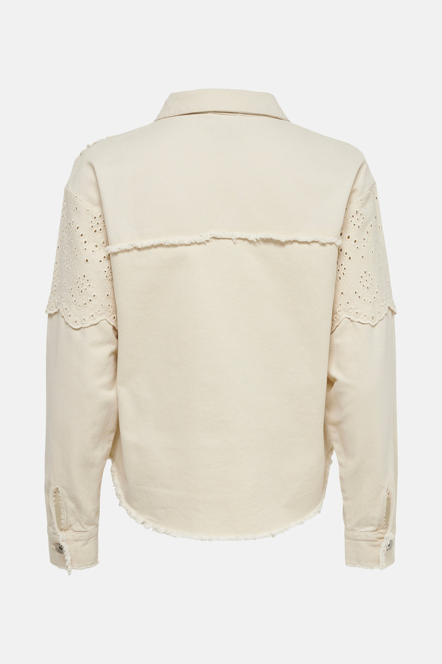 Veste courte écru de ONLY® avec manches brodées et ourlet frangé, vue de dos.