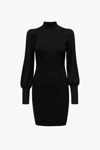 Robe noire côtelée de ONLY, avec col montant et manches longues bouffantes.