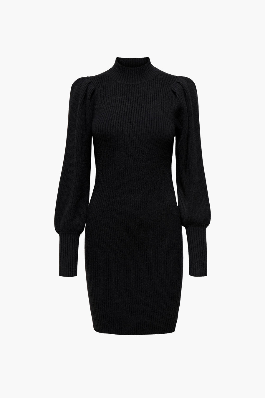 Robe noire côtelée de ONLY, avec col montant et manches longues bouffantes.