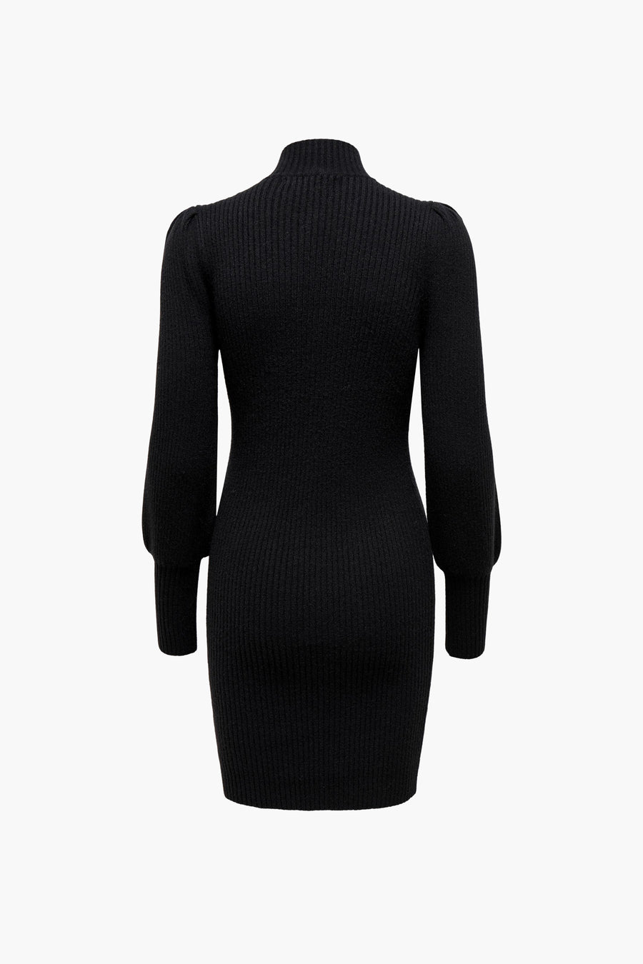 Robe noire moulante par ONLY, en maille côtelée avec col montant et manches longues ballon.