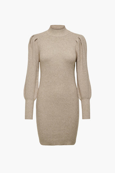 Robe beige de ONLY® avec col montant, manches longues bouffantes et texture côtelée.
