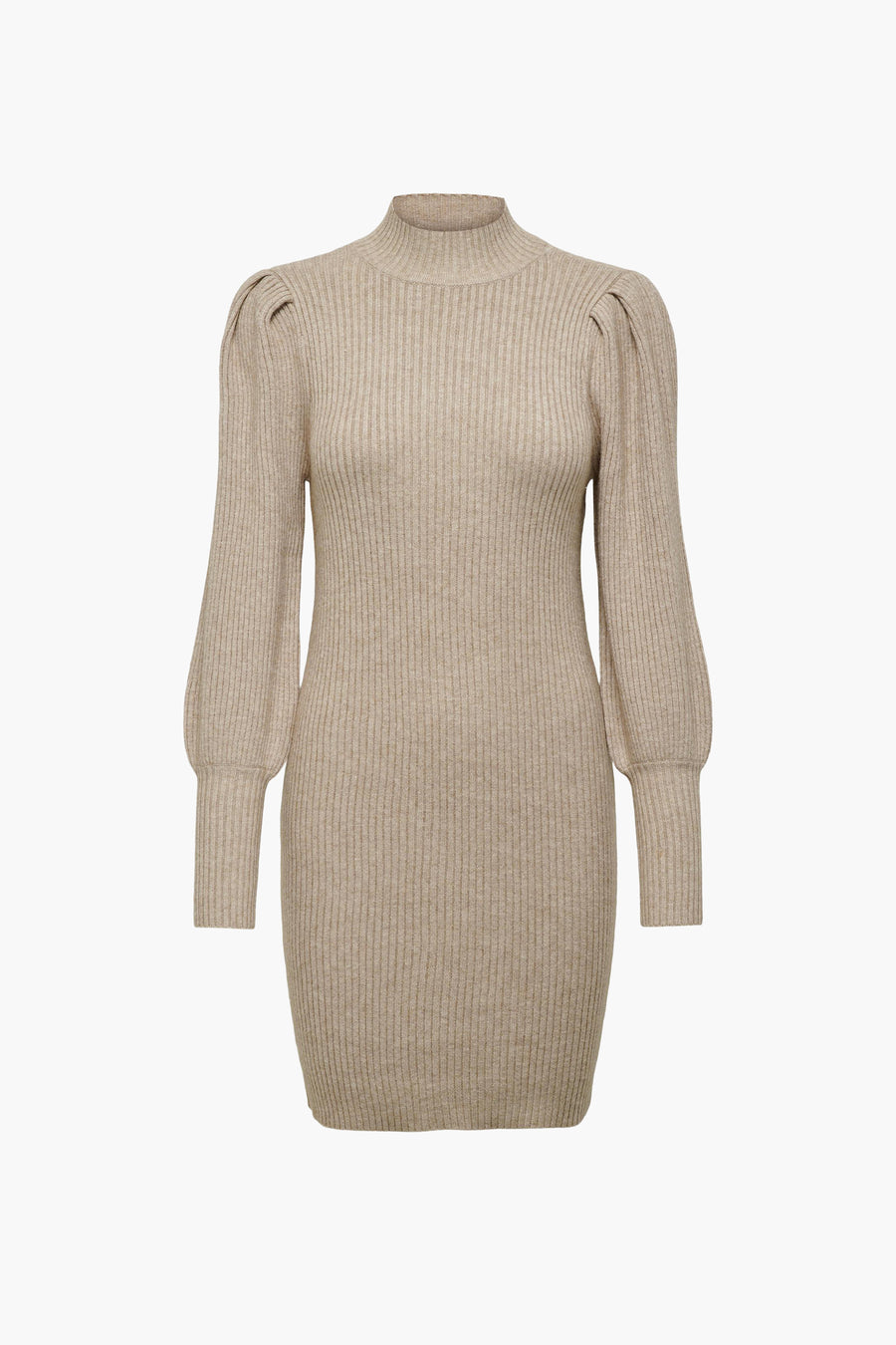 Robe beige de ONLY® avec col montant, manches longues bouffantes et texture côtelée.
