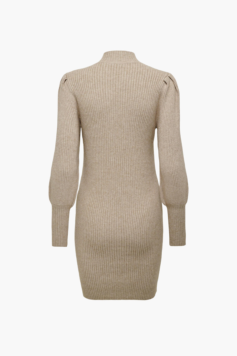 Robe beige de ONLY, en maille côtelée avec des manches longues bouffantes.
