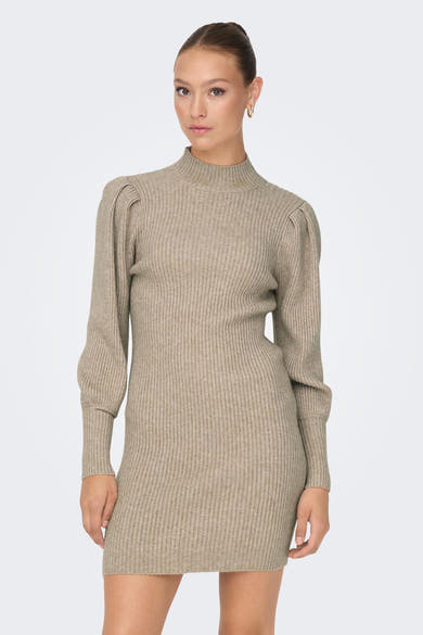 Robe beige côtelée de ONLY, avec manches longues bouffantes et col montant simple.