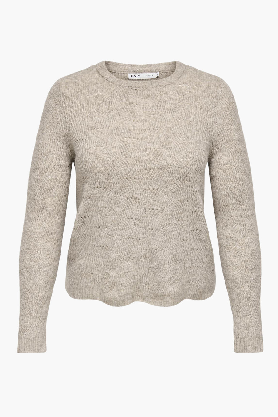 Pull beige à col rond de ONLY, avec motif ajouré délicat.
