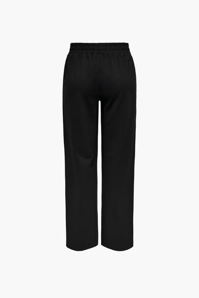 Zwarte joggingbroek van ONLY, met elastische tailleband en wijde pijpen, van achteren gezien.